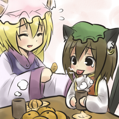 kiji (manekinuko-tei), chen, yakumo ran, touhou, lowres, 2girls, animal ears, blonde hair, brown hair, cat ears, cat girl, cat tail, earrings, eating, female focus, food, hat, jewelry, multiple girls, multiple tails, short hair, tail, tongue