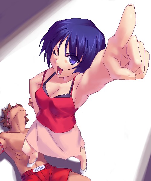 zen, kurusugawa ayaka, to heart, to heart (series), 1boy, 1girl, ;d, armpits, bare shoulders, breasts, camisole, cleavage, collarbone, foreshortening, from above, girl on top, hand on own hip, index finger raised, looking at viewer, lying, medium breasts, muscular, oekaki, on back, one eye closed, open mouth, pointing, pointing at viewer, pointing up, purple eyes, purple hair, short hair, smile, standing, toned, unconscious
