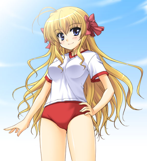 masakichi (crossroad), sendou erika, fortune arterial, 1girl, antenna hair, blonde hair, blue eyes, buruma, female focus, gym uniform, hair ribbon, hand on own hip, long hair, ribbon, solo, very long hair