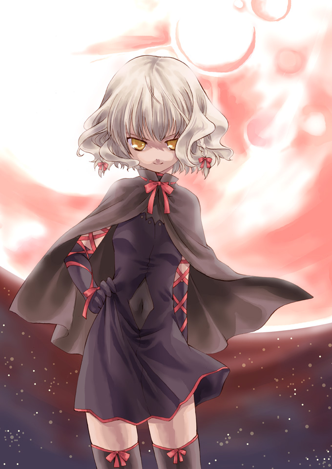 takano natsuki, bell zephyr, night wizard, silver hair, 00s, elbow gloves, gloves, poncho, thighhighs, yellow eyes