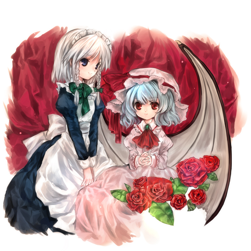 torii sumi, izayoi sakuya, remilia scarlet, touhou, 2girls, apron, ascot, bat wings, blue dress, blue eyes, blue hair, bow, braid, child, curtains, dress, female focus, flower, frilled shirt collar, frilled sleeves, frills, green bow, hat, long sleeves, maid, maid apron, maid headdress, mob cap, multiple girls, own hands together, pink dress, pink hat, red ascot, red bow, red eyes, red flower, red ribbon, red rose, ribbon, rose, sash, shirt bow, short hair, smile, twin braids, white hair, wings