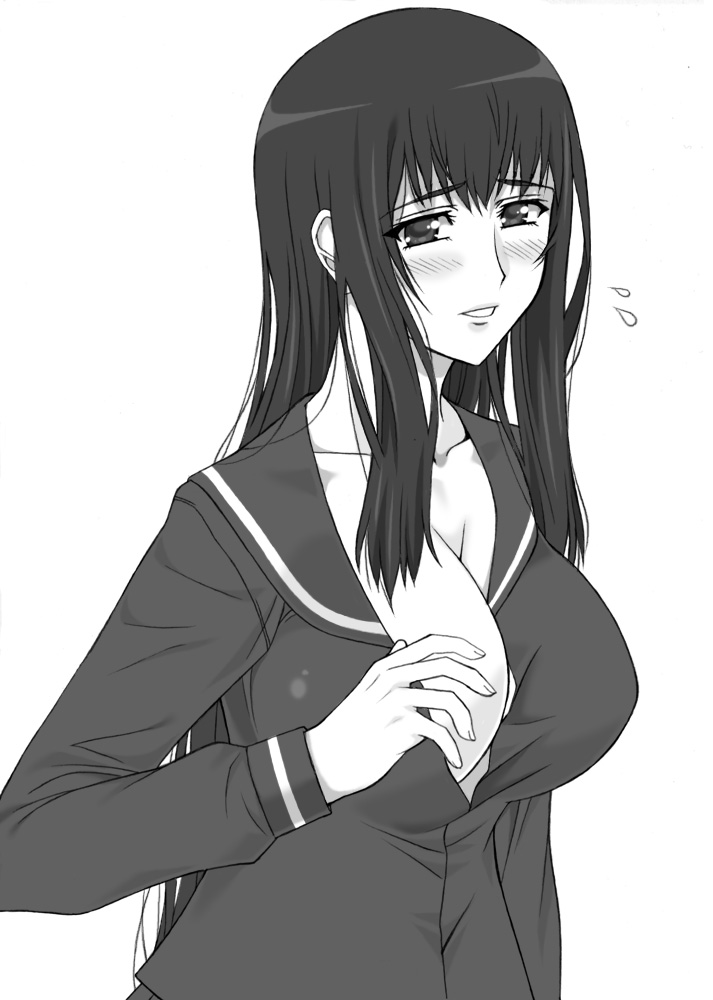 shichimenchou, nikaido saori, shion no ou, 00s, 1girl, blush, breasts, collarbone, covered erect nipples, female focus, flying sweatdrops, greyscale, large breasts, long sleeves, looking at viewer, monochrome, sidelocks, simple background, solo, sweatdrop, upper body, white background