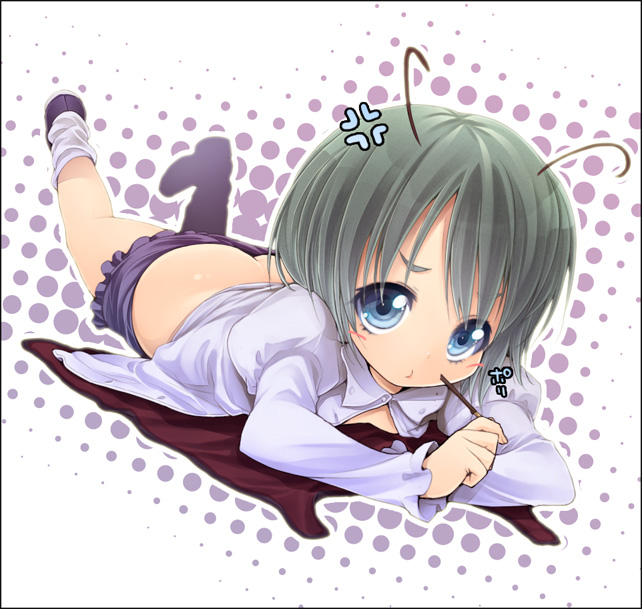 buriki, wriggle nightbug, touhou, 1girl, angry, antennae, blue eyes, female focus, food, green hair, loli, lying, open clothes, open shirt, pocky, pout, shirt, short hair, socks, solo