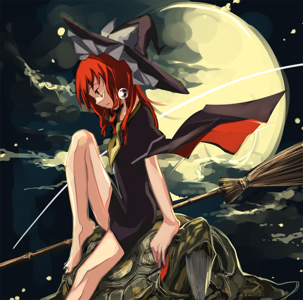 shimadoriru, genjii (touhou), kirisame marisa, kirisame marisa (pc-98), the story of eastern wonderland, touhou, touhou (pc-98), 1girl, bare legs, barefoot, bottomless, broom, female focus, hat, legs, looking down, moon, profile, sitting, solo, turtle, wings, witch, witch hat