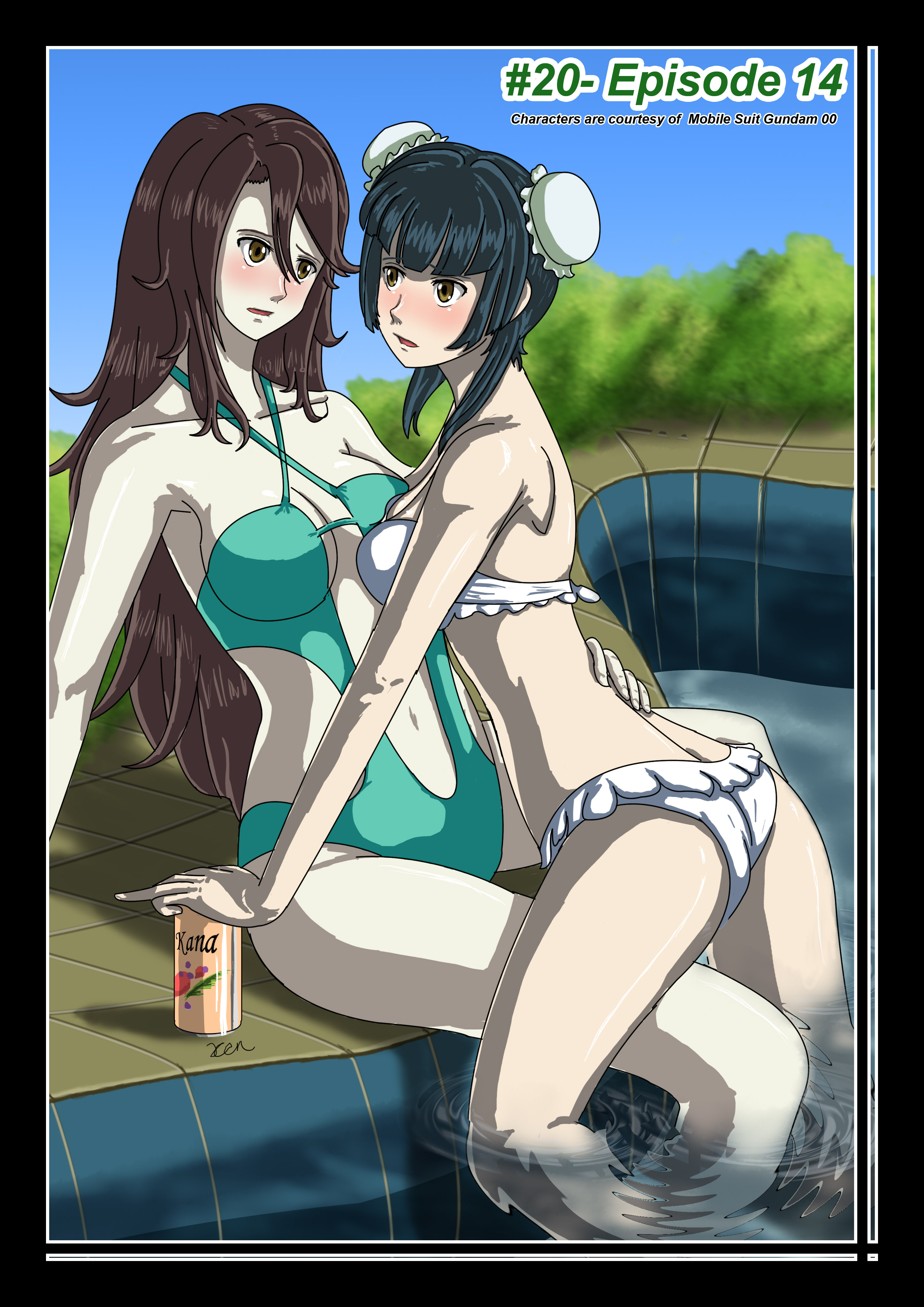 bethelbabies, sumeragi lee noriega, wang liu mei, gundam, gundam 00, absurdres, highres, 00s, 2girls, bikini, blush, double bun, multiple girls, swimsuit, yuri