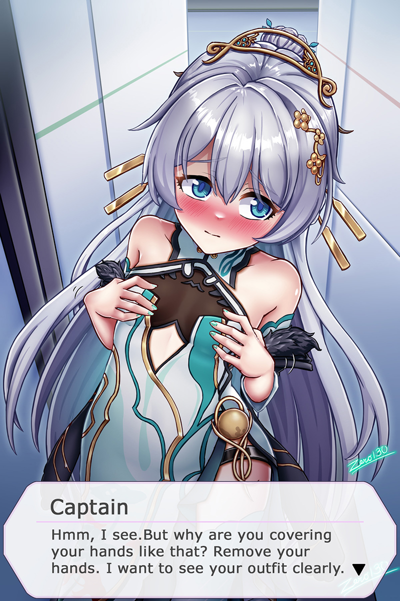 blus, zero130rider, theresa apocalypse, zhuge kongming (honkai impact), honkai (series), honkai impact 3rd, highres, 1girl, aqua dress, aqua nails, aqua sleeves, artist name, bare shoulders, blue eyes, blush, china dress, chinese clothes, closed mouth, detached sleeves, dress, embarrassed, hair ornament, long hair, nail polish, solo, very long hair