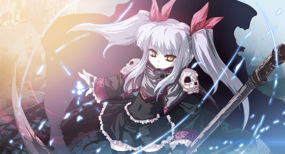 tokiame, original, silver hair, cape, long hair, scythe, solo, thighhighs, twintails, yellow eyes, zettai ryouiki