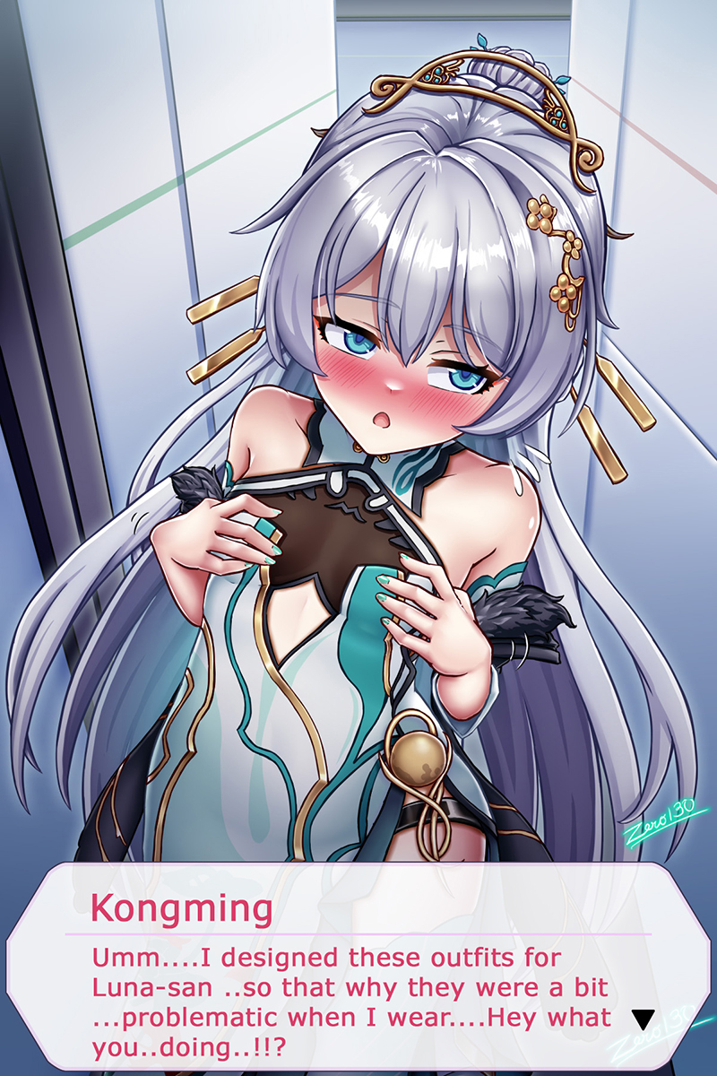 blus, zero130rider, theresa apocalypse, zhuge kongming (honkai impact), honkai (series), honkai impact 3rd, highres, 1girl, aqua dress, aqua nails, aqua sleeves, artist name, bare shoulders, blue eyes, blush, china dress, chinese clothes, closed mouth, detached sleeves, dress, embarrassed, hair ornament, long hair, nail polish, open mouth, solo, very long hair