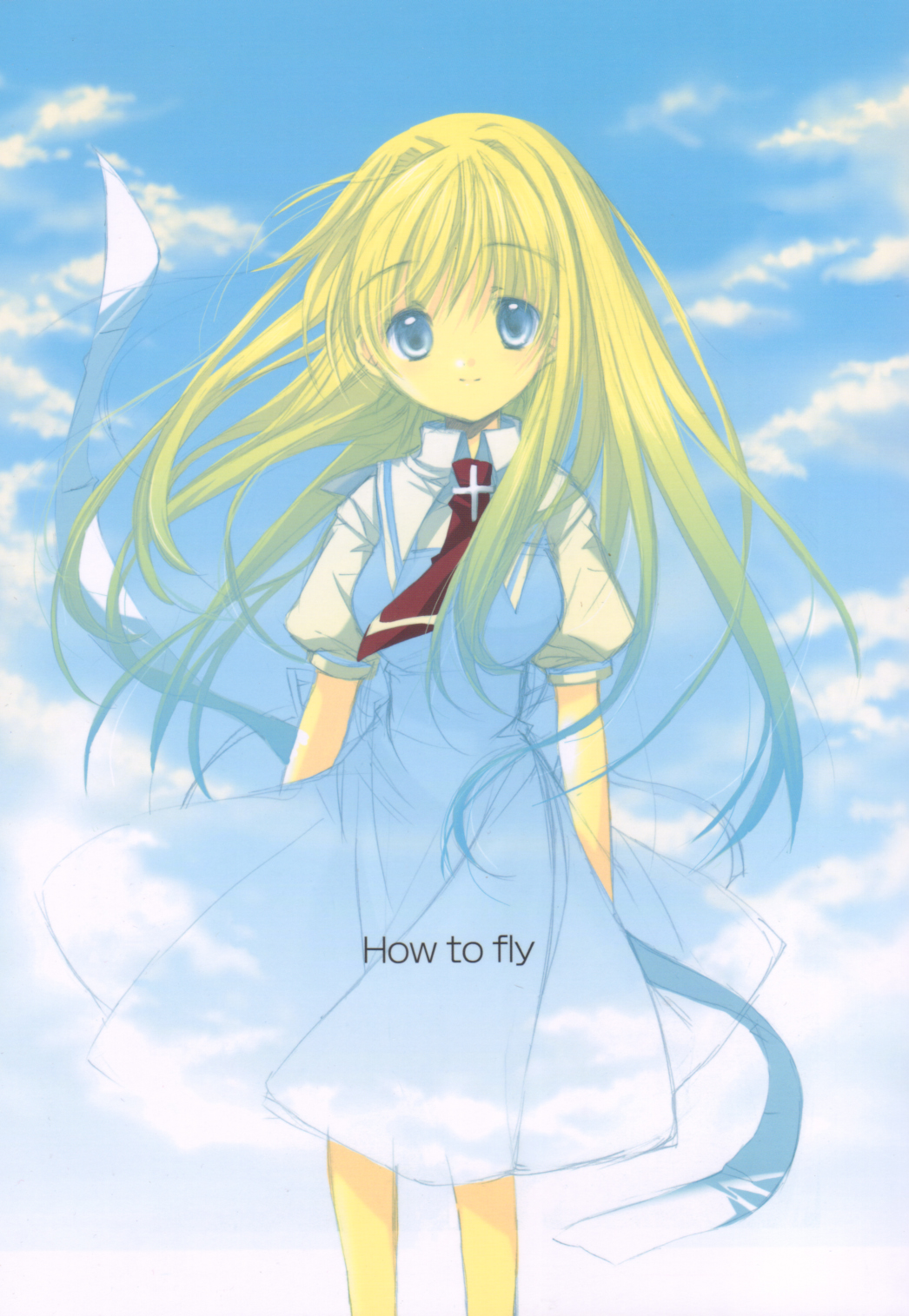izumi rei, kamio misuzu, air (visual novel), highres, 00s, 1girl, blonde hair, blue eyes, cloud, day, female focus, long hair, ribbon, school uniform, serafuku, sky, solo, very long hair