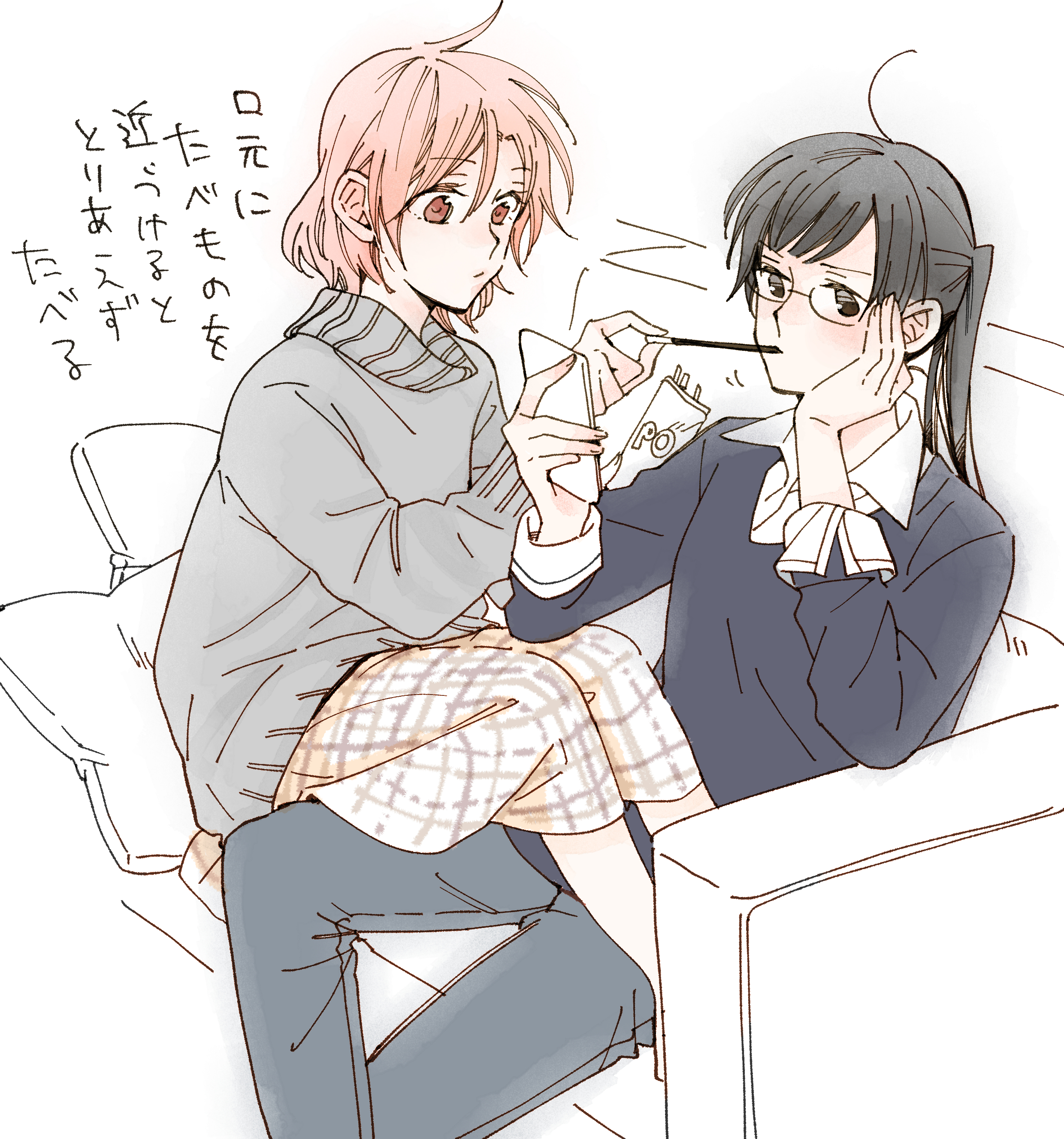 ponpocoponco, absurdres, highres, 2girls, black hair, copyright name, couch, couple, food, glasses, long hair, maekawa akane, multiple girls, on couch, pocky, ponytail, red hair, shimizu makoto, simple background, sitting, sitting on lap, sitting on person, still sick, white background, yuri