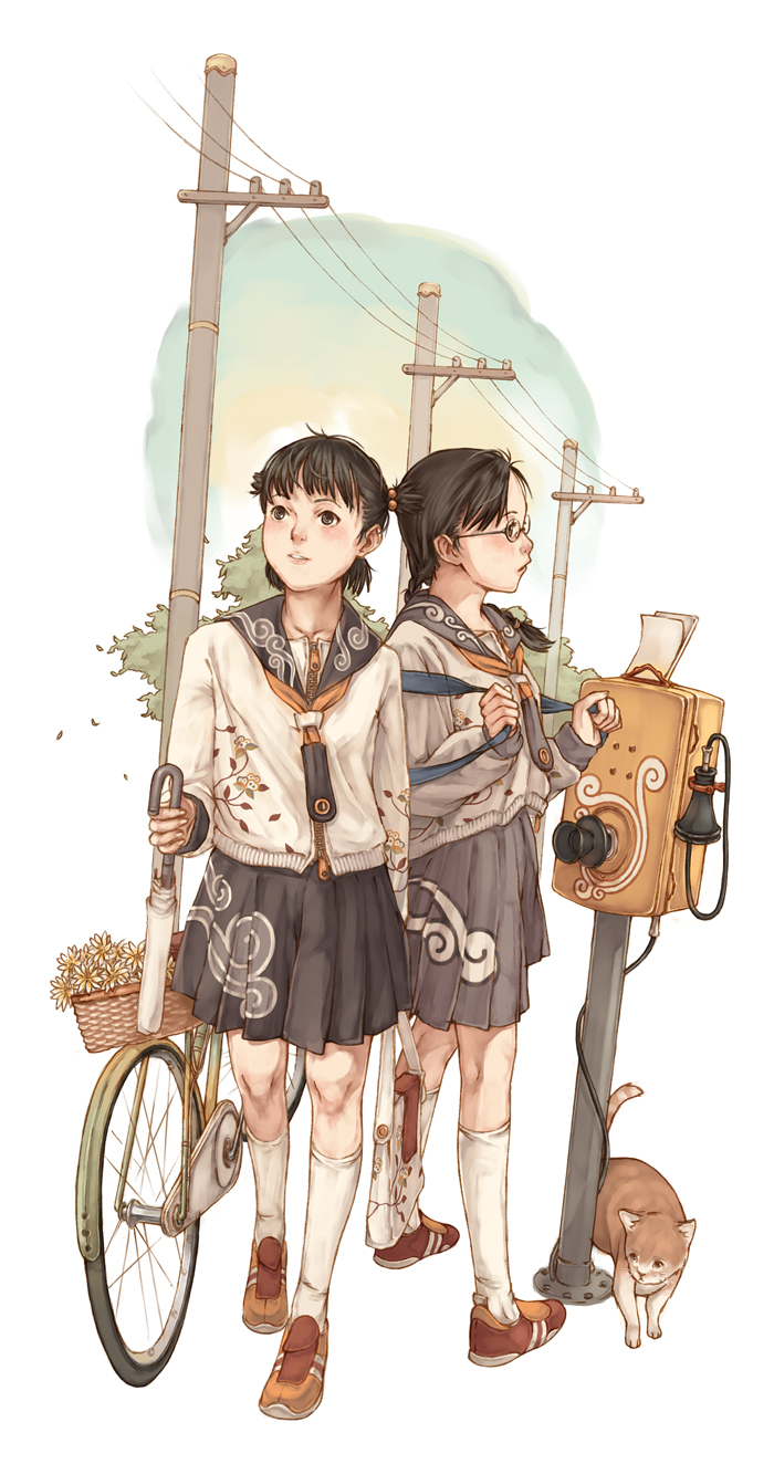 studio qube, studioqube, original, highres, 2girls, bicycle, cat, glasses, multiple girls, school uniform, serafuku