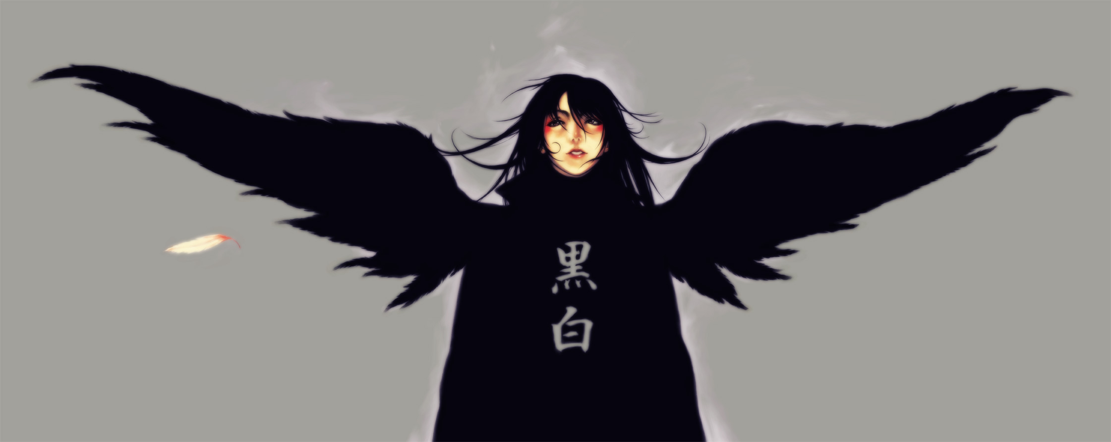 studio qube, original, highres, long image, wide image, 1girl, angel, black angel, black wings, feathers, female focus, solo, wings