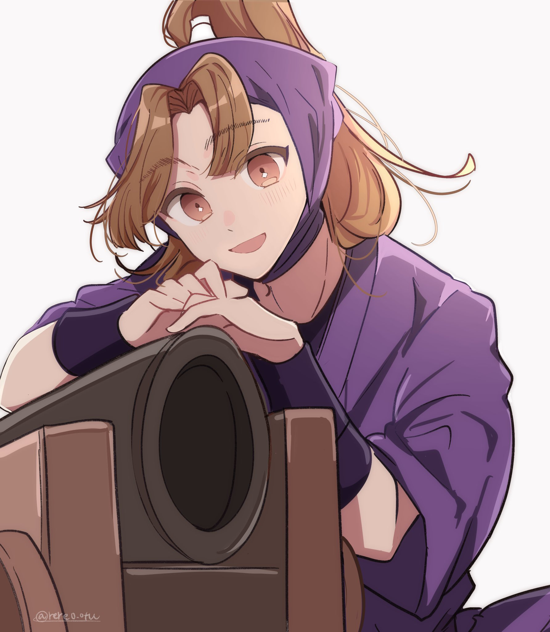 rere tu2, tamura mikiemon, rakudai ninja rantarou, highres, 1boy, brown eyes, cannon, high ponytail, long hair, looking at viewer, male focus, ninja, open mouth, pants, ponytail, purple pants, purple shirt, shirt, simple background, smile, solo, upper body, white background, wristband