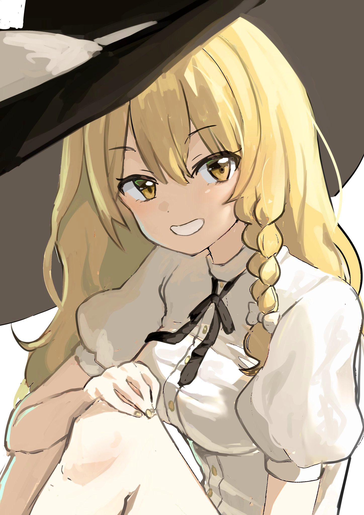 y kirisame sk, kirisame marisa, touhou, highres, 1girl, blonde hair, braid, hat, hat ribbon, knees up, long hair, looking at viewer, ribbon, short sleeves, side braid, smile, solo, white background, witch hat, yellow eyes