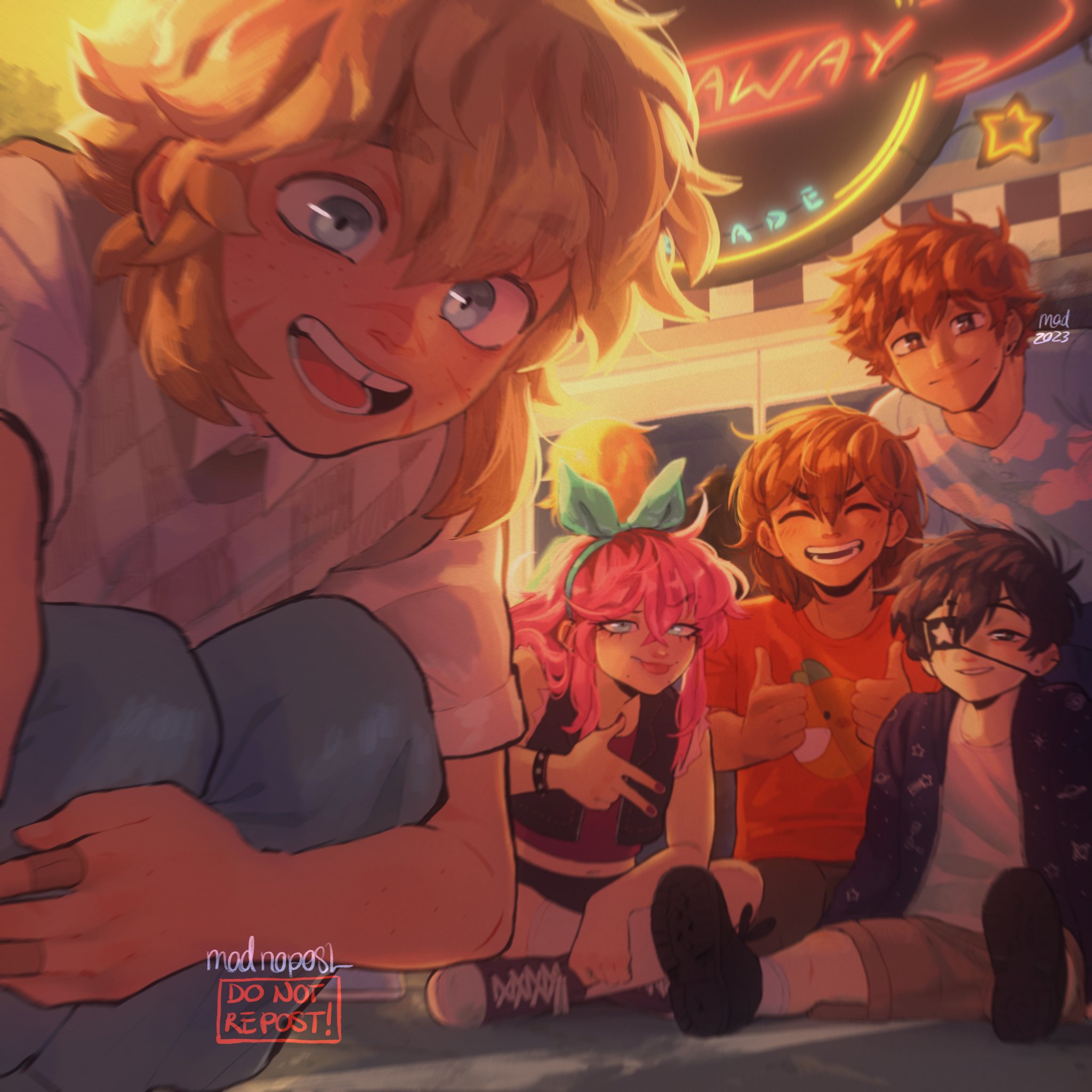 madnopost, aubrey (faraway) (omori), aubrey (omori), basil (faraway) (omori), basil (omori), hero (faraway) (omori), hero (omori), kel (faraway) (omori), kel (omori), orange joe (omori), sunny (omori), omori, highres, spoilers, 1girl, 4boys, alternate costume, argyle clothes, argyle sweater vest, artist name, bandaid, bandaid on finger, black ears, black hair, black shoes, blonde hair, blue eyes, blue hairband, brown eyes, brown hair, brown shorts, collared shirt, dark-skinned male, dark skin, denim, double thumbs up, ear piercing, eyepatch, grey sweater vest, hairband, indoors, jeans, looking at viewer, mole, mole under mouth, multicolored hair, multiple boys, navel, open mouth, pants, piercing, pink hair, red nails, roots (hair), scar, scar on face, scar on nose, shirt, shoes, short hair, short sleeves, shorts, sitting, sneakers, socks, squatting, sweater vest, t-shirt, thumbs up, tongue, tongue out, v, white shirt, white socks