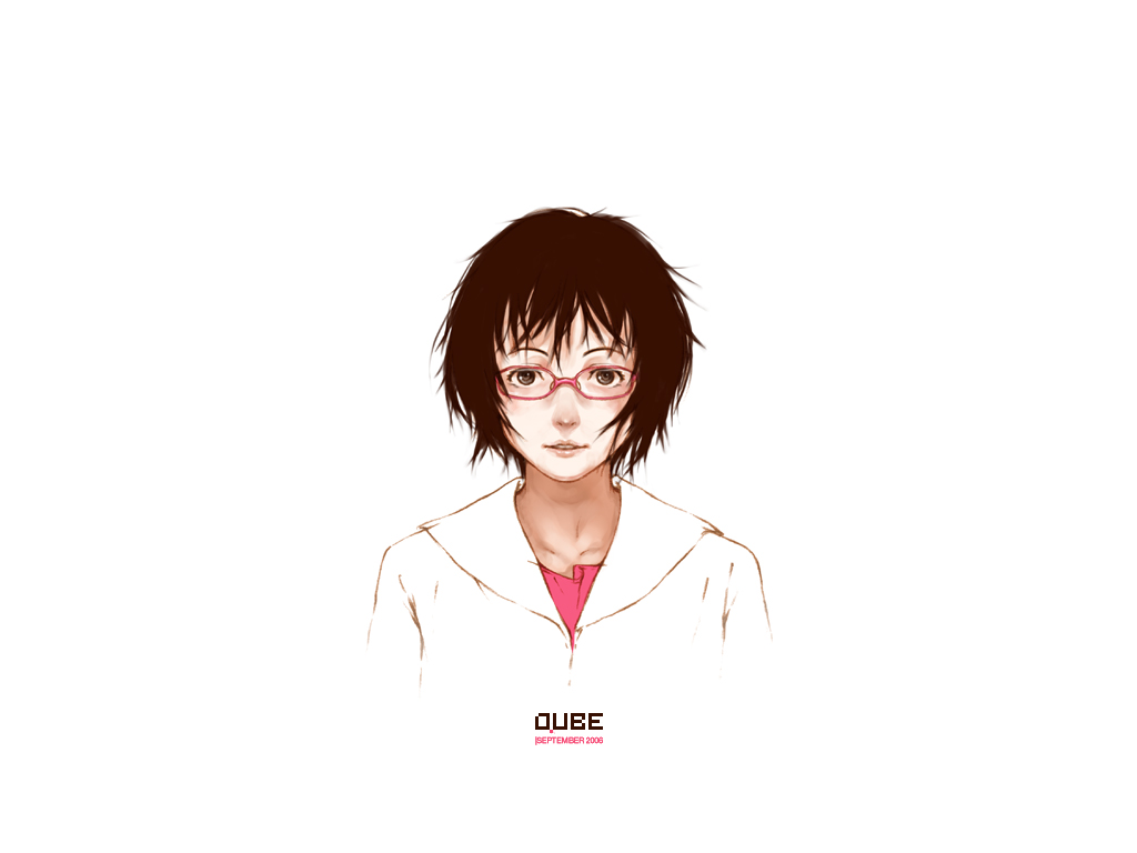 studio qube, original, 1girl, brown eyes, brown hair, collarbone, collared shirt, female focus, glasses, looking at viewer, red-framed eyewear, shirt, short hair, solo, upper body, white shirt