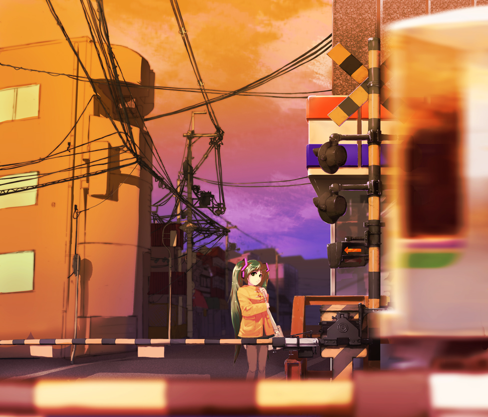 nekoita, hatsune miku, vocaloid, 1girl, bag, black pantyhose, blurry, city, depth of field, female focus, green eyes, green hair, long hair, matching hair/eyes, motion blur, multiple unit train, orange sky, outdoors, pantyhose, purple sky, railroad crossing, railroad signal, shoulder bag, sky, solo, standing, train, twintails, very long hair