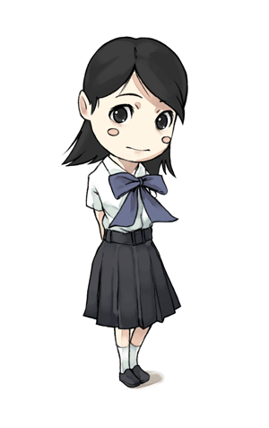 studio qube, original, lowres, 1girl, arms behind back, belt, black skirt, blue bow, blue bowtie, blush, bow, bowtie, chibi, female focus, looking at viewer, pleated skirt, school uniform, serafuku, shirt, short hair, simple background, skirt, solo, white background, white shirt