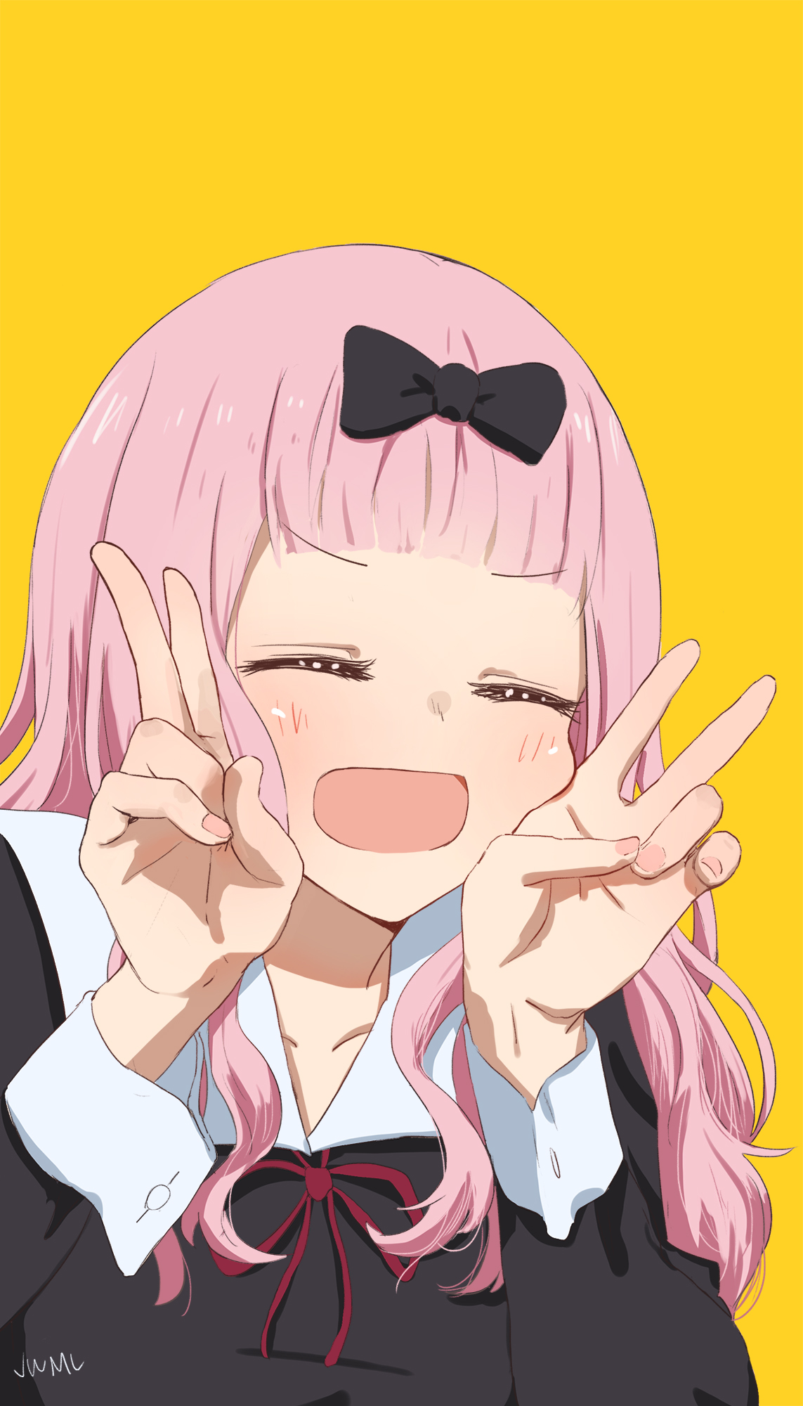 justin leyva (steamy tomato), fujiwara chika, kaguya-sama wa kokurasetai ~tensai-tachi no renai zunousen~, commentary, highres, 1girl, black bow, black dress, blunt bangs, bow, closed eyes, double v, dress, facing viewer, hair bow, long hair, long sleeves, neck ribbon, open mouth, pink hair, red ribbon, ribbon, school uniform, shuuchiin academy school uniform, simple background, smile, solo, upper body, v, winter uniform, yellow background