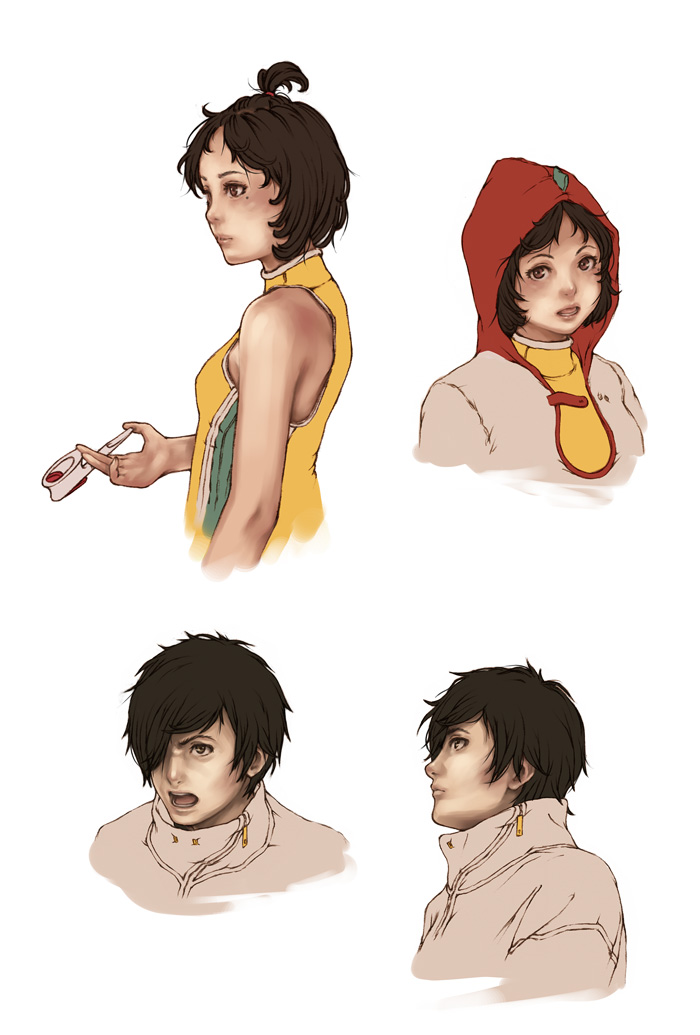 studio qube, little red (studioqube), original, concept art, 1girl, bare shoulders, black hair, brown eyes, hood, jacket, mole, multiple views, short hair, sleeveless, sleeveless turtleneck, turtleneck
