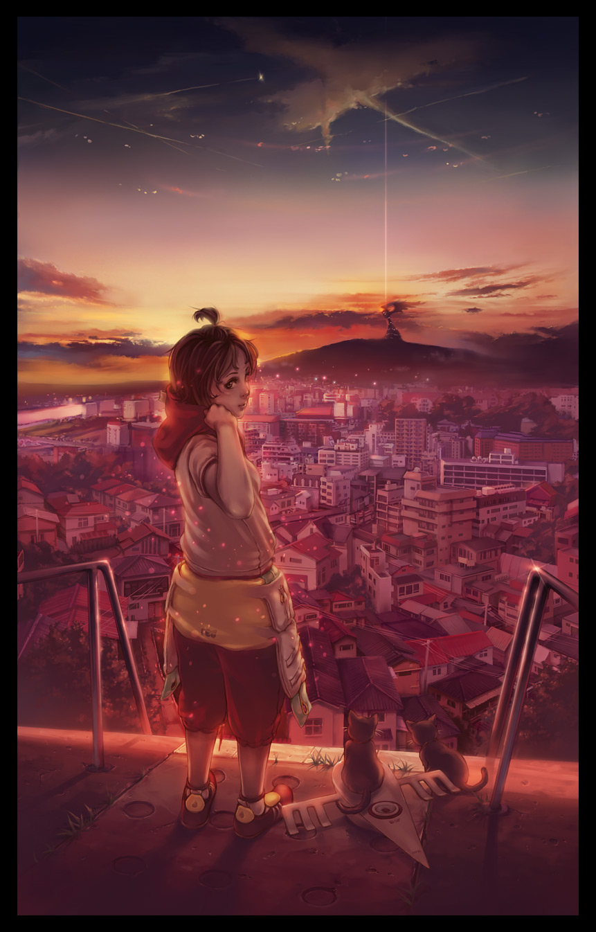 studio qube, little red (studioqube), flcl, original, highres, 00s, 1girl, cat, cityscape, female focus, hood, solo, stairs