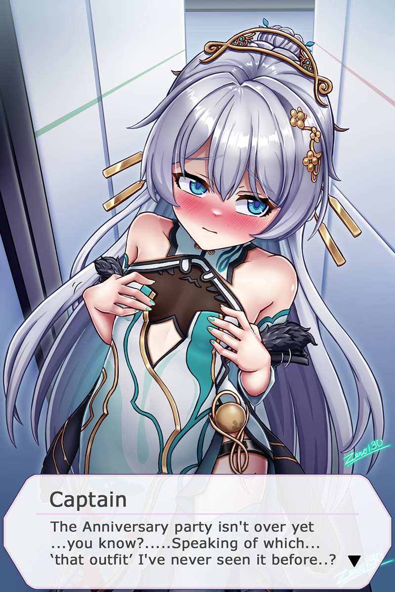 blus, zero130rider, theresa apocalypse, zhuge kongming (honkai impact), honkai (series), honkai impact 3rd, highres, 1girl, aqua dress, aqua nails, aqua sleeves, artist name, bare shoulders, blue eyes, blush, china dress, chinese clothes, closed mouth, detached sleeves, dress, embarrassed, hair ornament, long hair, nail polish, solo, very long hair