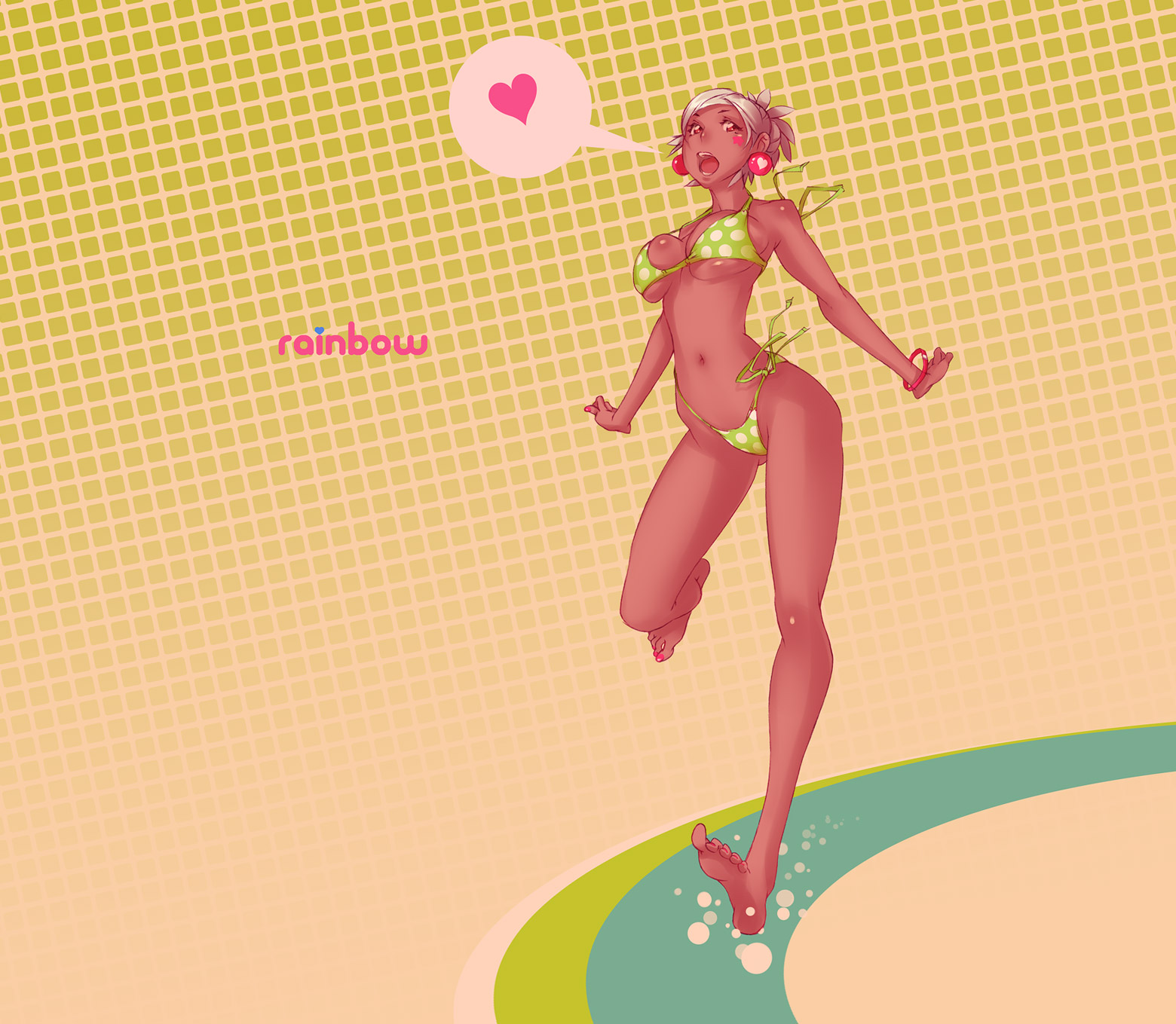 studio qube, original, silver hair, highres, 1girl, barefoot, bikini, dark-skinned female, dark skin, earrings, female focus, heart, jewelry, nail polish, side-tie bikini bottom, solo, swimsuit, tan