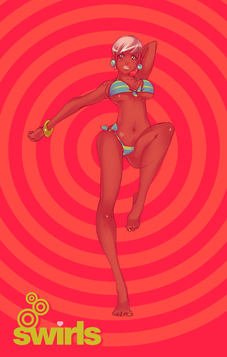 studio qube, original, 1girl, bikini, dark-skinned female, dark skin, earrings, female focus, heart, jewelry, short hair, solo, swimsuit, tan