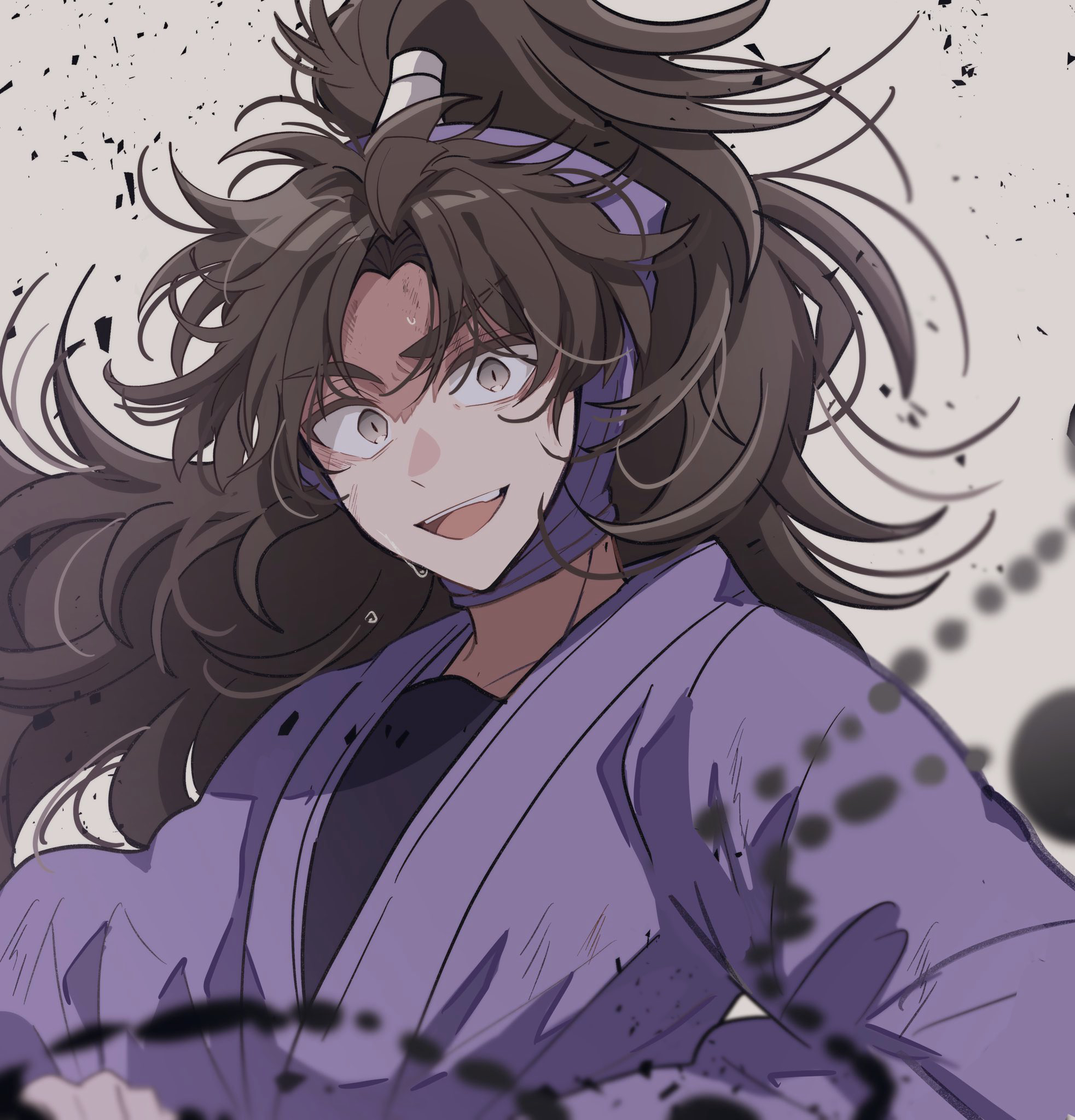 rere tu2, kukuchi heisuke, rakudai ninja rantarou, highres, 1boy, black hair, black undershirt, collarbone, grey background, grey eyes, high ponytail, looking at viewer, male focus, ninja, ponytail, purple shirt, shirt, simple background, smile, solo, sweat, teeth, upper body, upper teeth only