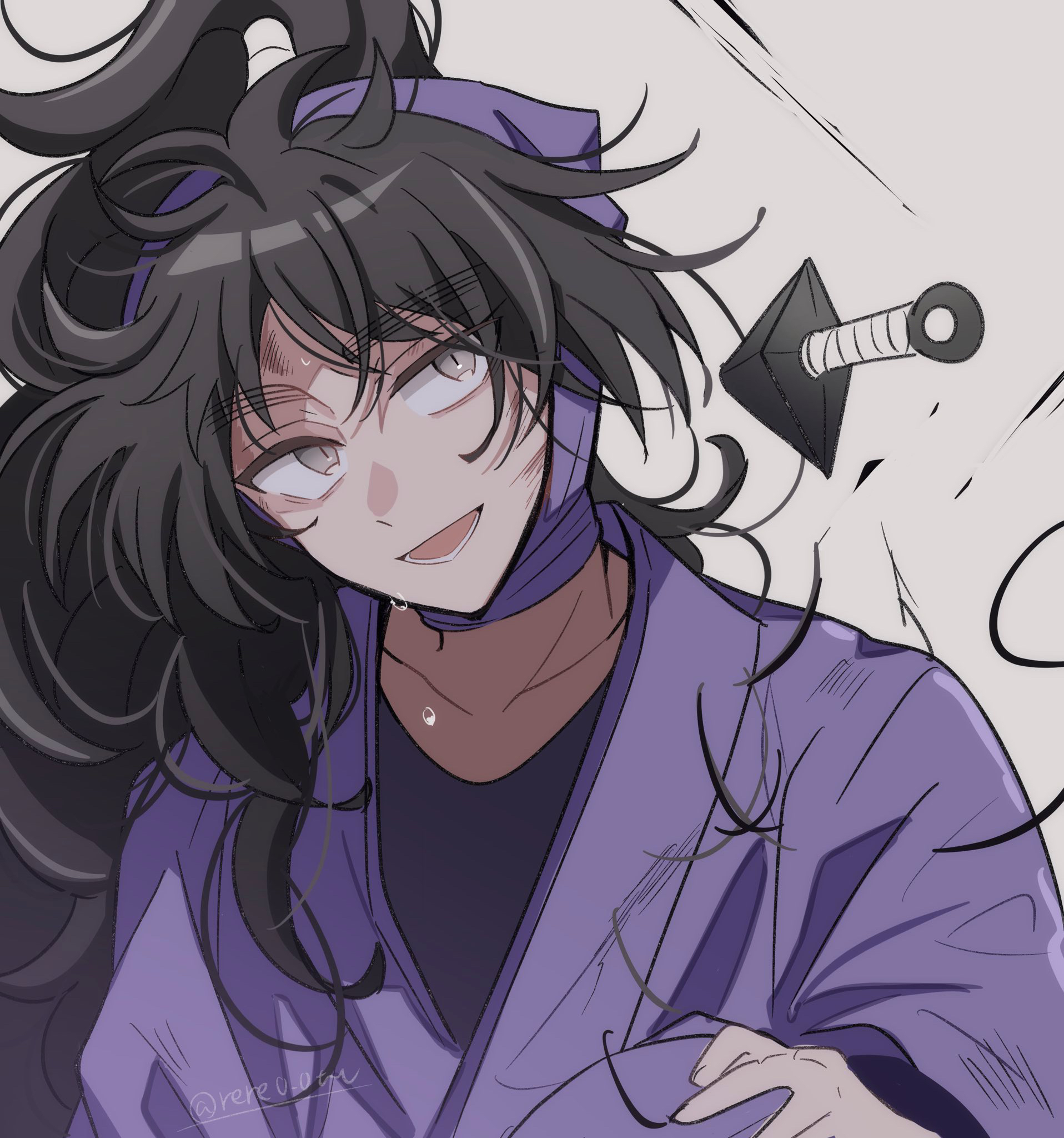 rere tu2, kukuchi heisuke, rakudai ninja rantarou, highres, 1boy, black hair, black undershirt, collarbone, dodging, grey background, grey eyes, high ponytail, kunai, looking to the side, lower teeth only, male focus, ninja, ponytail, purple shirt, shirt, simple background, smile, solo, sweat, teeth, upper body, weapon