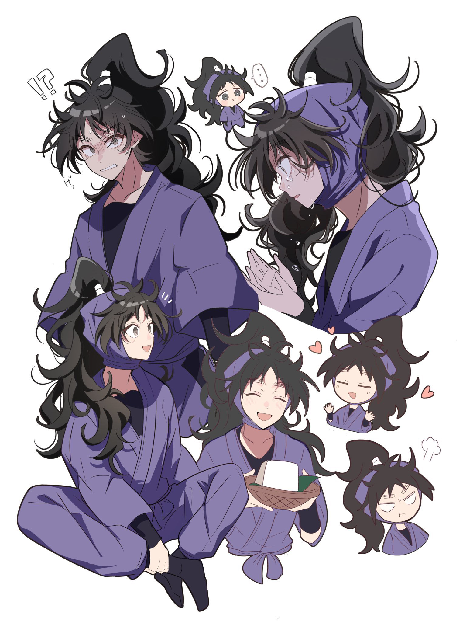 rere tu2, kukuchi heisuke, rakudai ninja rantarou, highres, !?, …, 1boy, black hair, black undershirt, chibi, clenched teeth, collarbone, crying, crying with eyes open, full body, grey eyes, high ponytail, looking at viewer, male focus, multiple views, ninja, ponytail, profile, purple shirt, shirt, simple background, sitting, smile, solo, spoken ellipsis, tears, teeth, upper body, white background