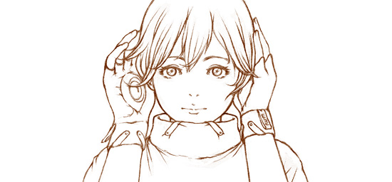 studio qube, little red (studioqube), original, concept art, 1girl, brown theme, female focus, monochrome, solo