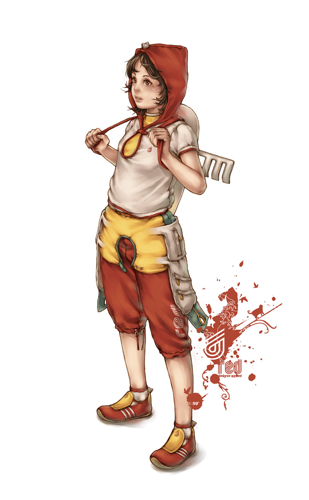 studio qube, little red (studioqube), original, 1girl, bag, female focus, hood, mole, shorts, solo