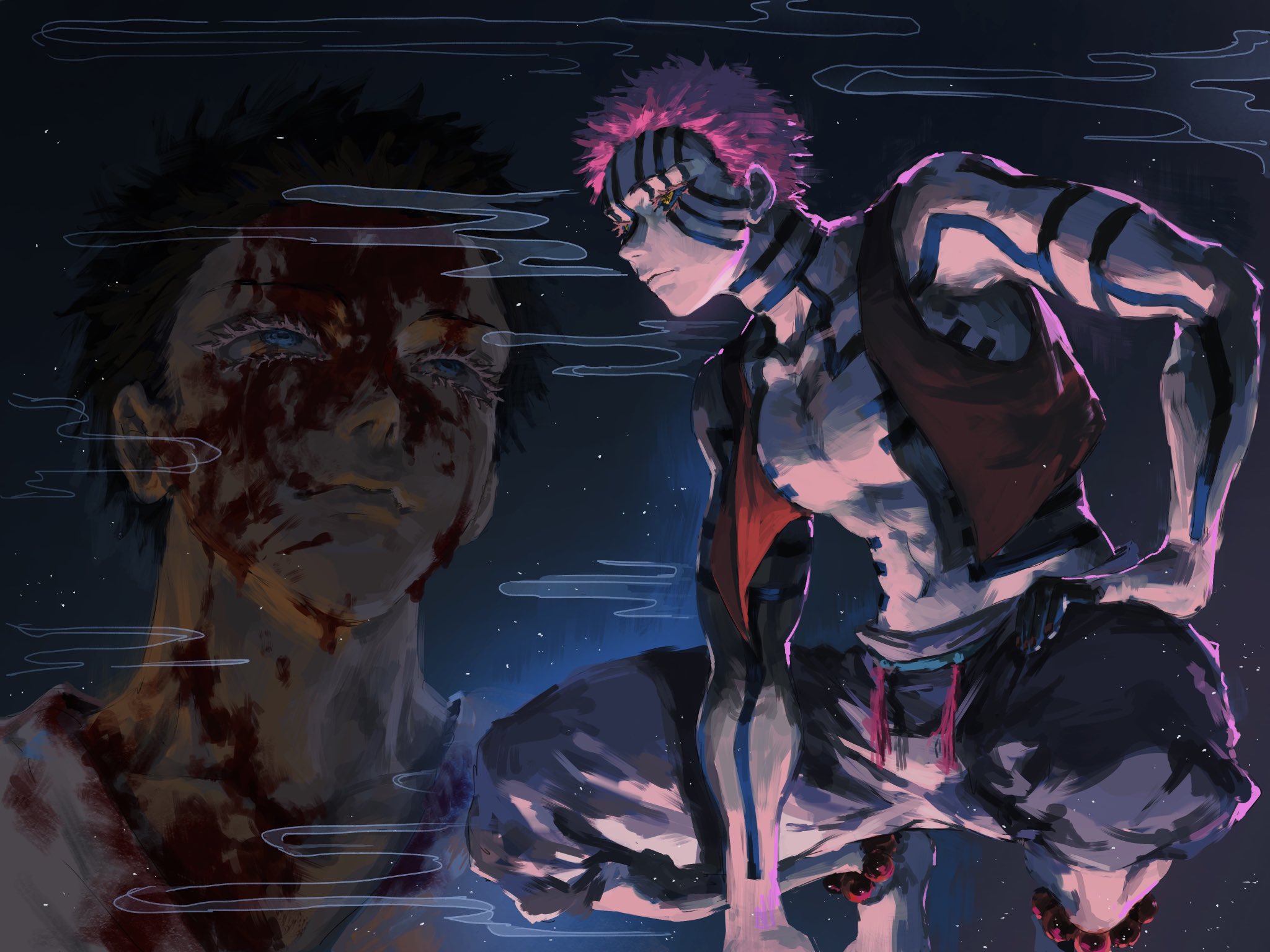 bh20647, akaza (kimetsu no yaiba), hakuji (kimetsu no yaiba), kimetsu no yaiba, highres, 2boys, anklet, bead anklet, beads, black hair, bleeding, blood, blood on clothes, blood on face, blue hair, blue sclera, body markings, closed mouth, colored eyelashes, colored sclera, eyelashes, facial mark, facial tattoo, full-body tattoo, hand on ground, hand on own hip, haori, injury, japanese clothes, jewelry, male focus, multiple boys, muscular, pants, pectorals, pink hair, print haori, red haori, short hair, tattoo, text in eyes, underlighting, yellow eyes