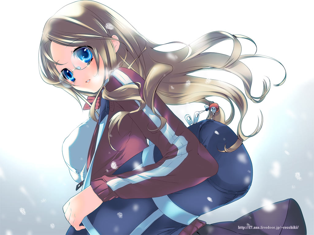 888, original, 1girl, bag, black skirt, blue eyes, breasts, breath, brown hair, buttons, charm (object), duffel bag, female focus, from side, glasses, gradient background, jacket, long hair, long sleeves, looking at viewer, looking to the side, medium breasts, open clothes, open jacket, over shoulder, parted lips, red jacket, rimless eyewear, shirt, skirt, snowing, solo, upper body, watermark, web address, white shirt, winter, zipper