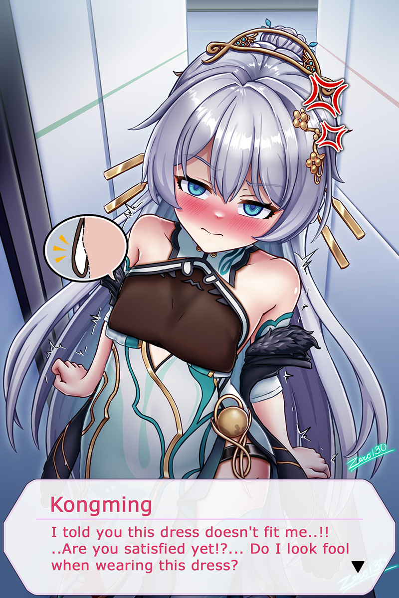 blus, zero130rider, theresa apocalypse, zhuge kongming (honkai impact), honkai (series), honkai impact 3rd, highres, 1girl, aqua dress, aqua nails, aqua sleeves, artist name, bare shoulders, blue eyes, blush, china dress, chinese clothes, closed mouth, detached sleeves, dress, embarrassed, hair ornament, long hair, nail polish, solo, very long hair