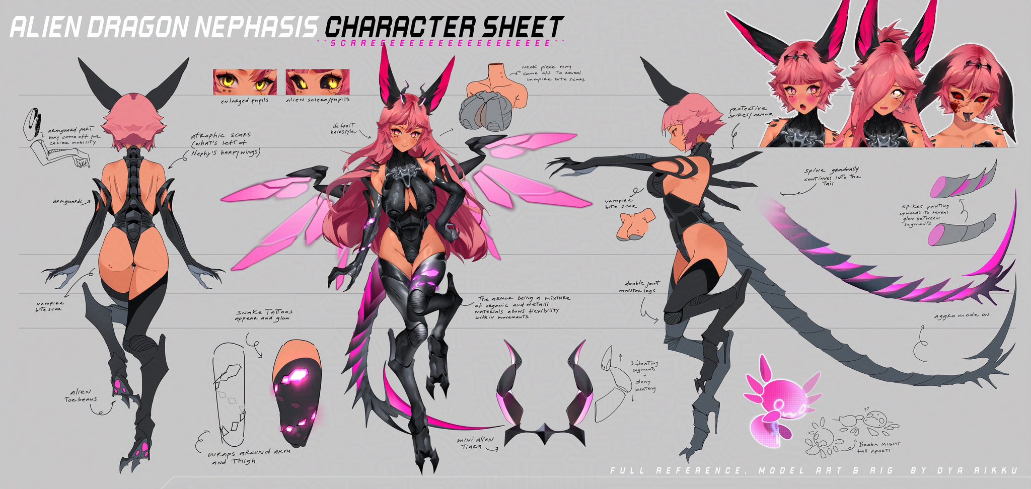 dyarikku, trickywi, indie virtual youtuber, commentary, english commentary, highres, official art, second-party source, 1girl, :o, ?, ??, alien, animal ears, arm guards, armor, ass, bite mark, bite mark on ass, bite mark on neck, black horns, black tiara, black tongue, blood, blood on face, blush, breasts, cleavage cutout, closed mouth, clothing cutout, cyborg, dark-skinned female, dark skin, detached wings, digitigrade, dragon girl, dragon tail, english text, fake horns, forked tongue, from behind, from side, full body, glowing, hair over one eye, harpy, heart, heart-shaped pupils, horned headwear, horned tiara, horns, large breasts, leg tattoo, long hair, monster girl, multicolored eyes, multiple views, open mouth, outstretched arm, pawpads, pink eyes, pink hair, red eyes, reference sheet, scar, scar on back, short hair, slit pupils, smile, spikes, spines, standing, standing on one leg, sweat, symbol-shaped pupils, tail, tattoo, tiara, tongue, tongue out, very short hair, virtual youtuber, wings, yellow eyes