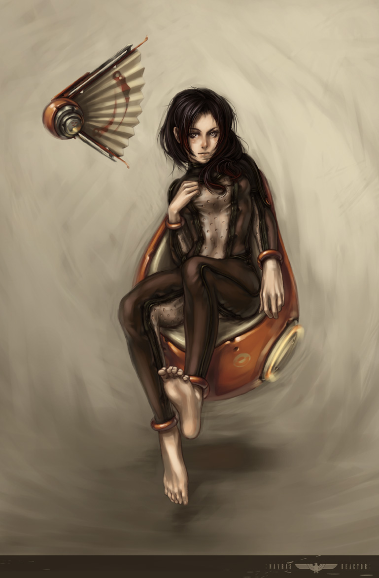 studio qube, 1girl, barefoot, feet, female focus, folding fan, hand fan, navras reactor, solo