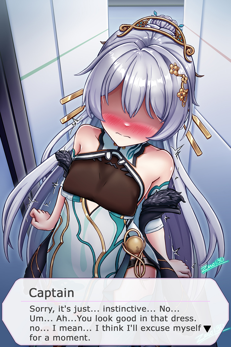 blus, zero130rider, theresa apocalypse, zhuge kongming (honkai impact), honkai (series), honkai impact 3rd, highres, 1girl, aqua dress, aqua nails, aqua sleeves, artist name, bare shoulders, blue eyes, blush, china dress, chinese clothes, closed mouth, detached sleeves, dress, embarrassed, faceless, faceless female, hair ornament, long hair, nail polish, solo, very long hair