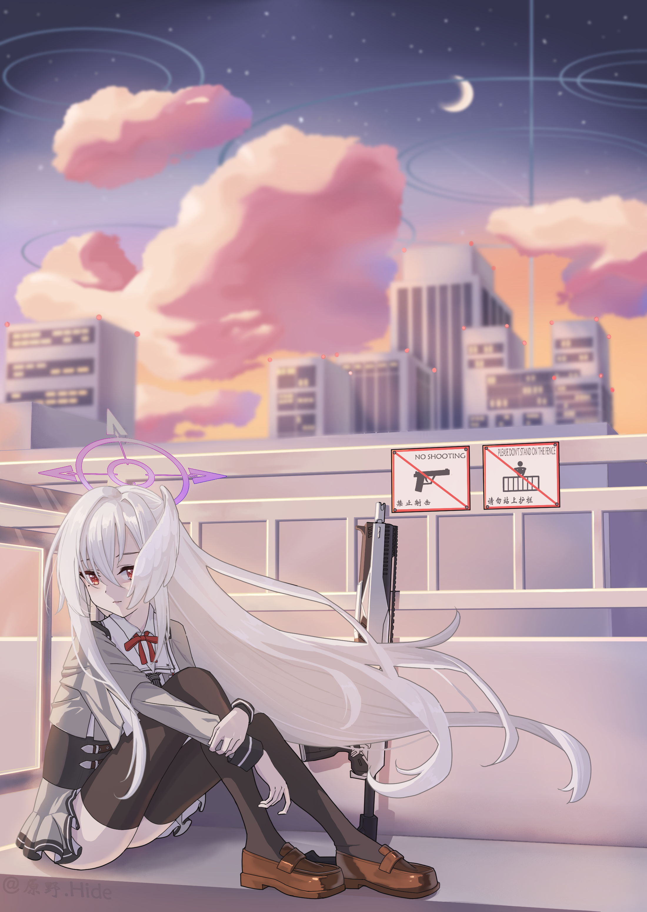 hide21find57, suzumi (blue archive), blue archive, absurdres, commentary request, highres, 1girl, black thighhighs, bow, brown shoes, building, closed mouth, cloud, crescent moon, cropped jacket, feathered wings, grey hair, grey jacket, grey skirt, grey wings, gun, hair between eyes, head wings, hugging own legs, jacket, knees up, layered sleeves, loafers, long sleeves, moon, night, night sky, open clothes, open jacket, outdoors, pleated skirt, red bow, red eyes, rifle, shirt, shoes, short over long sleeves, short sleeves, sig mcx, single hair intake, single head wing, sitting, skirt, sky, solo, star (sky), starry sky, thighhighs, weapon, white shirt, wings