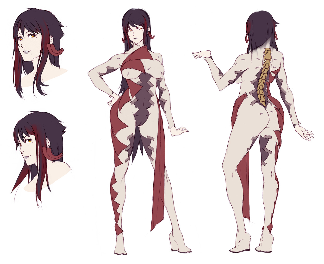 studio qube, studioqube, concept art, 1girl, black hair, earrings, jewelry, long hair, mole, spine