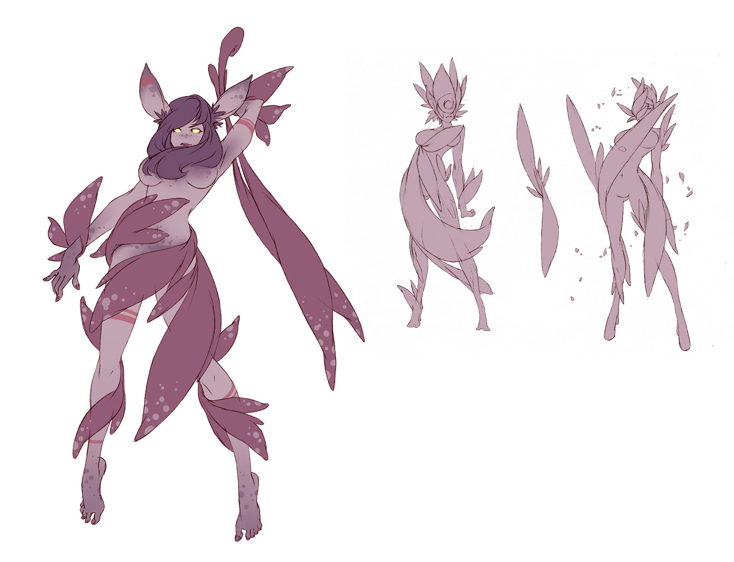 studio qube, concept art, 1girl, arm up, barefoot, empty eyes, fairy, long hair, multiple views, nail polish, navel, toenails, yellow eyes