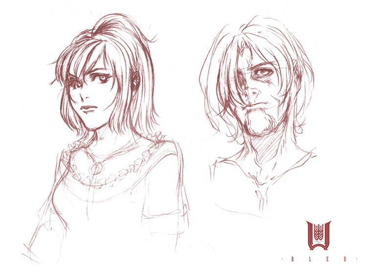 studio qube, concept art, 1boy, 1girl, beard, bleu, facial hair, jewelry, monochrome, necklace, red theme, sketch