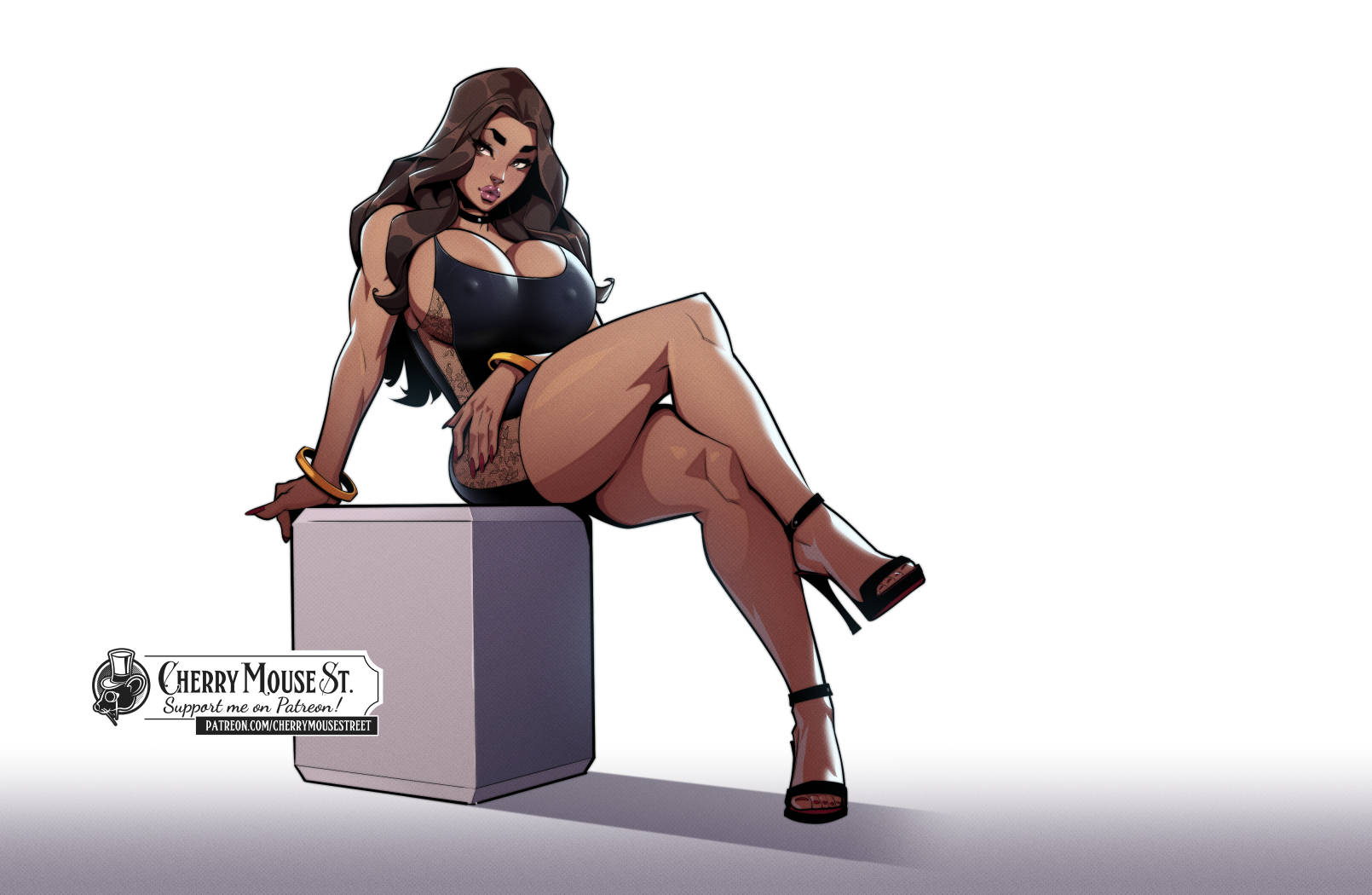 cherrymousestreet, karen murakami (cherrymousestreet), original, highres, 1girl, artist logo, artist name, black dress, black shoes, bracelet, brown hair, crossed legs, dark-skinned female, dark skin, dress, gold bracelet, high heels, jewelry, logo, long hair, looking at viewer, patreon username, shoes, simple background, sitting, solo, watermark, web address, white background