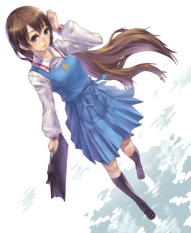 nidy, yuasa hiromi, true tears, 00s, 1girl, bag, brown hair, female focus, hiromi yuasa, long hair, outdoors, school bag, school uniform, serafuku, solo