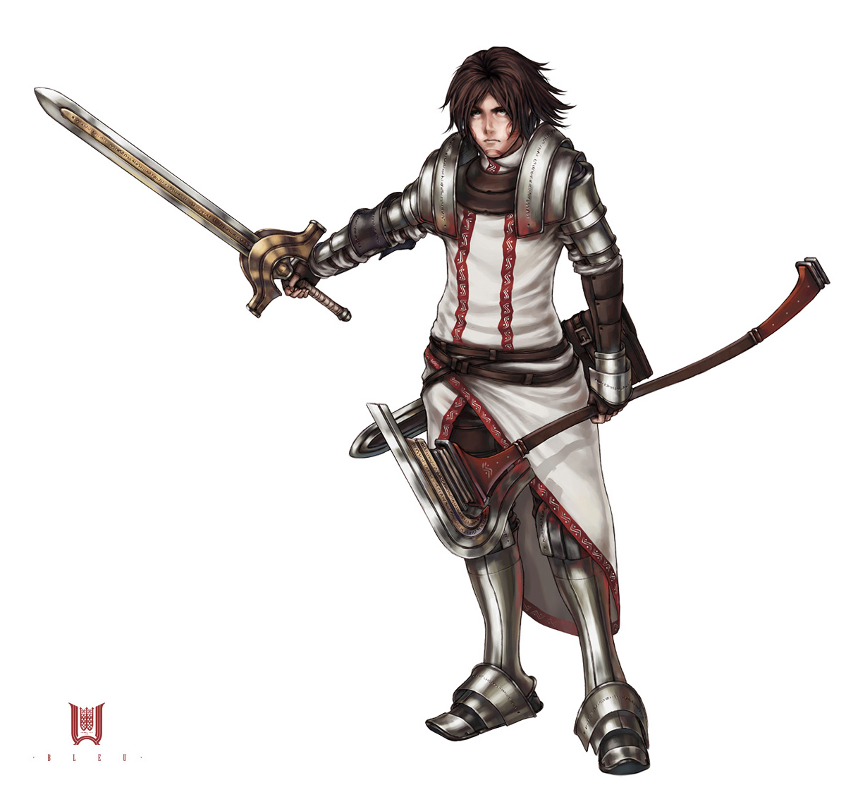 studio qube, 1boy, armor, bleu, male focus, solo, sword, tattoo, weapon