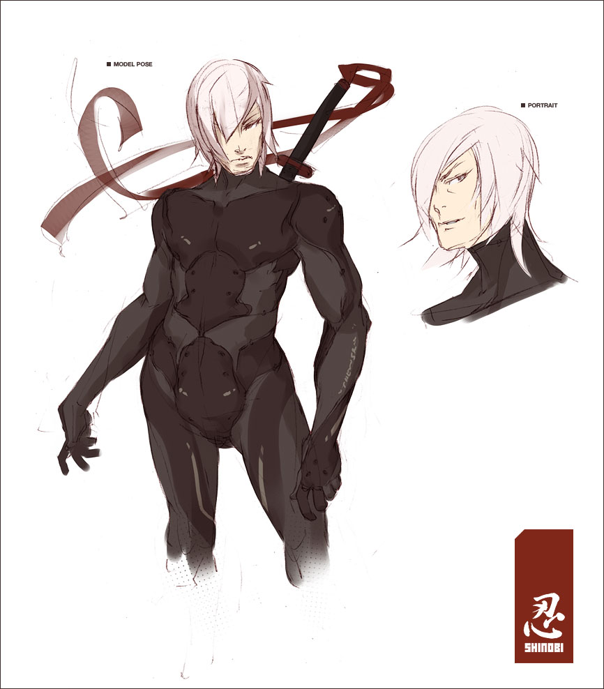 michael chomicki, original, 1boy, black bodysuit, bodysuit, male focus, mecha pilot suit, ninja, plugsuit (evangelion), sketch, solo, sword, weapon