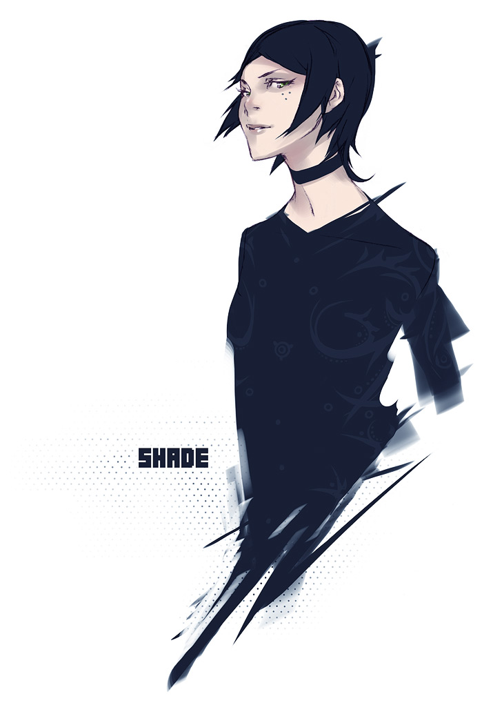 michael chomicki, original, 1girl, androgynous, black shirt, choker, collarbone, evil smile, female focus, freckles, green eyes, lips, looking at viewer, parted lips, shirt, short hair, simple background, smile, solo, white background