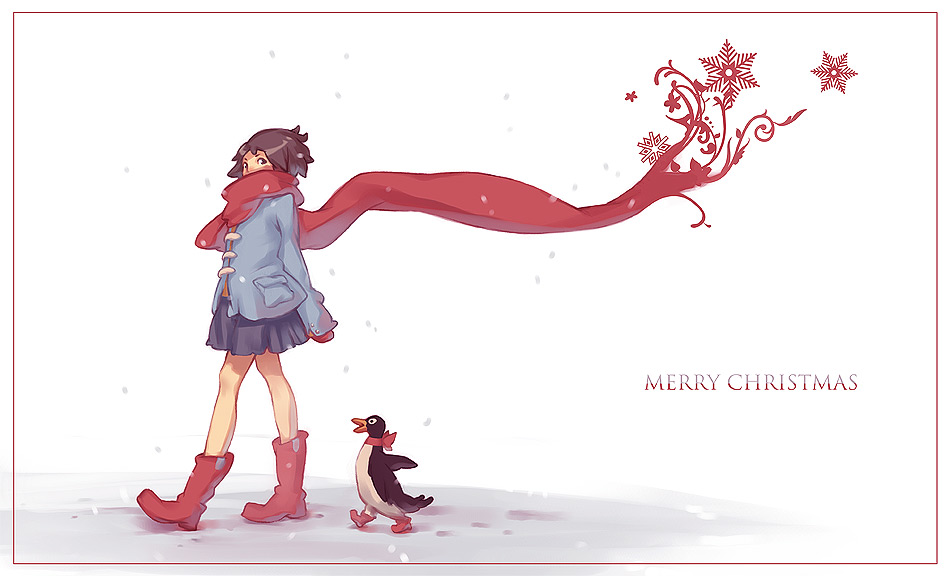 studio qube, original, 1girl, bird, boots, brown hair, christmas, coat, female focus, merry christmas, penguin, red scarf, scarf, short hair, skirt, snow, snowflake print, snowflakes, solo