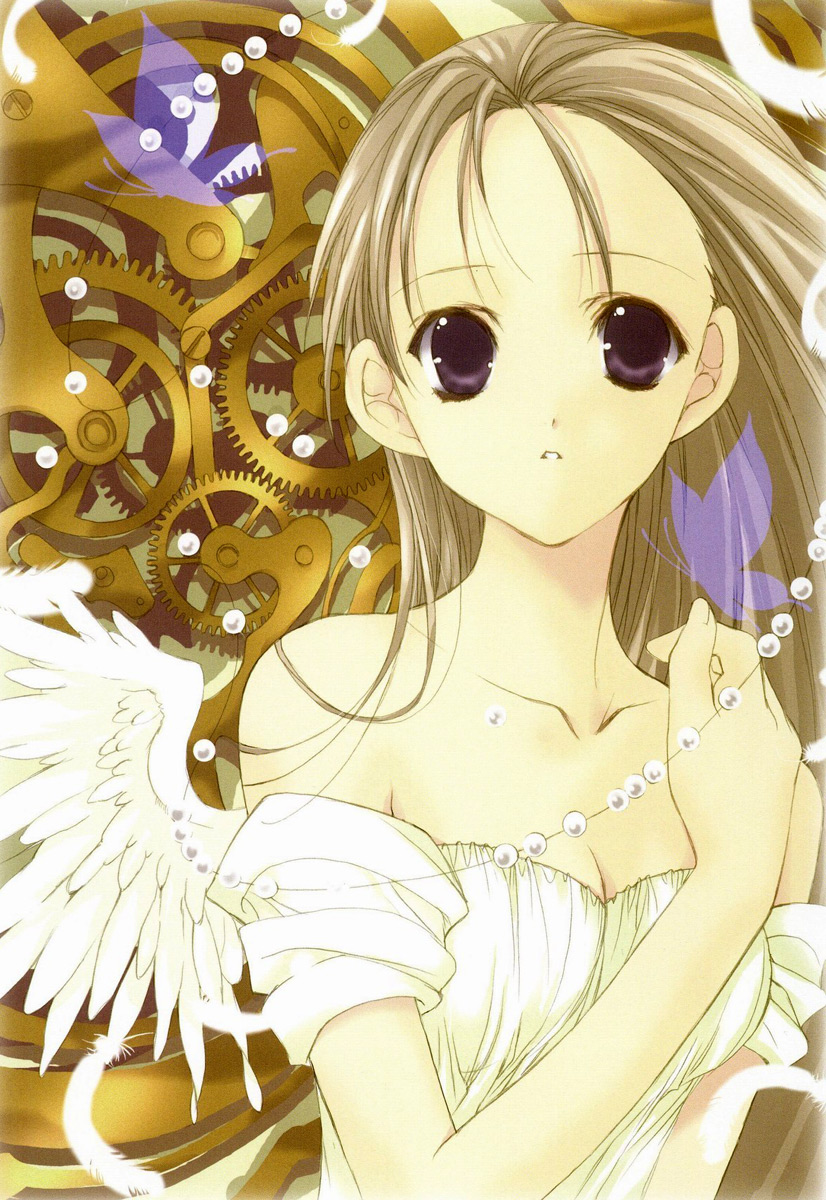nanase aoi, angel flavor, artbook, highres, bare shoulders, bug, butterfly, insect, long hair, solo, wings